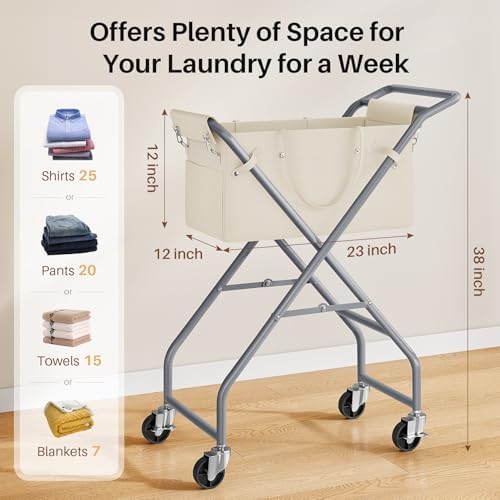No-Bend Laundry Cart- Rolling Hamper with Locking Wheels & Handle, Foldable Basket Screw-Free Assembly, Durable Metal Frame & Removable Liner Bag for Bedroom & Bathroom (Beige) - Image 6