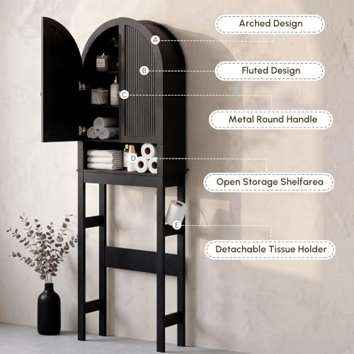 HMstone Over The Toilet Storage Cabinet, Arched Bathroom Organizer and Storage with Doors and Adjustable Shelf, Space-Saving Freestanding Bathroom Modern Storage Cabinet Over Toilet (Black) - Image 6