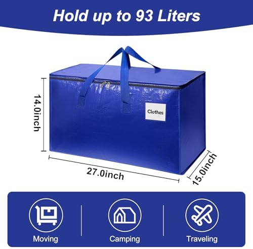 4 Pack XL Heavy Duty Moving Bags with Reinforced Stitching & Smooth Dual Zippers, Large Capacity Storage Totes for Clothes, Closet, Travel & Home Organization, Blue - Image 2