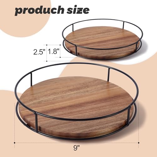 9" Acacia Wood Lazy Susan Turntable, Tomoaza Kitchen Organizer Turntable with Steel Sides, 360 Degree Lazy Susan for Countertop Cabinet or Dining Table - Image 3
