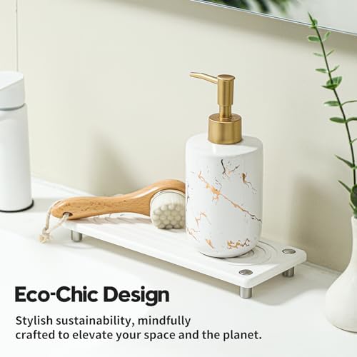 Razborci Water Absorbing Stone Sink Caddy, Diatomite Kitchen Sink Organizer, Bathroom Counter Tray, Faucet Drying Mat Coaster Soap Dish Rack Riser Dispenser Sponge Holder, Silver, White 10" x 4" - Image 2