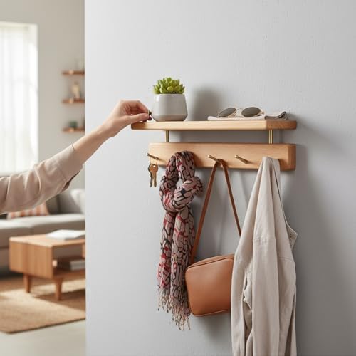 Walnut Wood Coat Rack with Shelf, Wall Mounted Entryway Organizer - Image 5