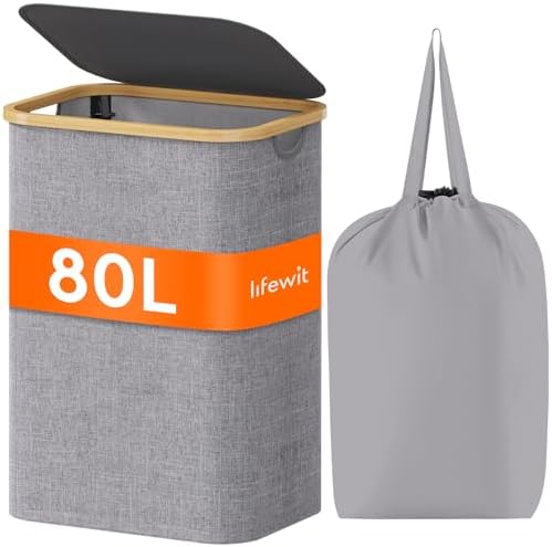 Lifewit 80L Large Laundry Basket with Lid, Removable Bags, Light Gray by Lifewit