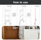 Amatic 3-Tier Folding Rolling Utility Cart with Wheels, Foldable Storage Cart Organizer with 3 Hanging Cups & 6 Hooks for Kitchen, Office, Living Room, Nursery(White) - Image 3