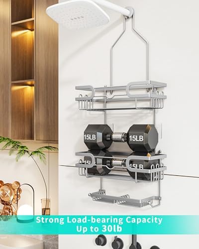 HapiRm Bathroom Hanging Shower Caddy - Rustproof Shower Shelf with 12 Hooks and 2 Soap Holders, No Drilling Bathroom Organizers and Storage - Silver - Image 5