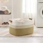 86L Large Woven Laundry Basket Hamper with Leather Handles,Khaki - Image 4