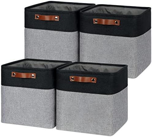 Temary Storage Baskets 12x12 Fabric Cube Storage Bins, 4 Pack Large Baskets with Handles, Baskets for Organizing Towels, Blankets, Collapsible Storage Basket (Black&Gray) by TEMARY
