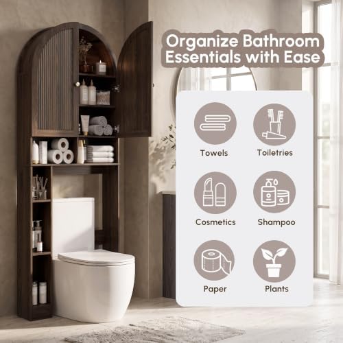 HMstone Over The Toilet Storage Cabinet, Arched Bathroom Organizer and Storage with Doors and Adjustable Shelf, Space-Saving Freestanding Bathroom Modern Storage Cabinet Over Toilet (Walnut) - Image 6