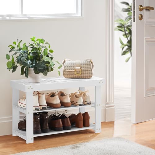 Pipishell 3 Tier Bamboo Shoe Rack Bench for Entryway, White - Image 2