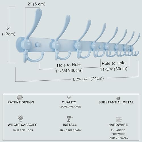 Dseap Coat Rack Wall Mount - 29.5” Long 8-Tri-Hooks Heavy Duty Coat Hanger Rail Wall Hooks for Hanging Coats Hats Clothing Clothes Purse Mudroom Entryway, Blue - Image 7