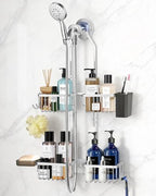 Adjustable Shower Caddy Hanging for Handheld Showerheads - Upgraded Never Rust Shower Hanging Organizer, Bathroom Shower Rack with Soap Basket, Hooks and Toothbrush Holder (Shiny Silver) by MSAICOE