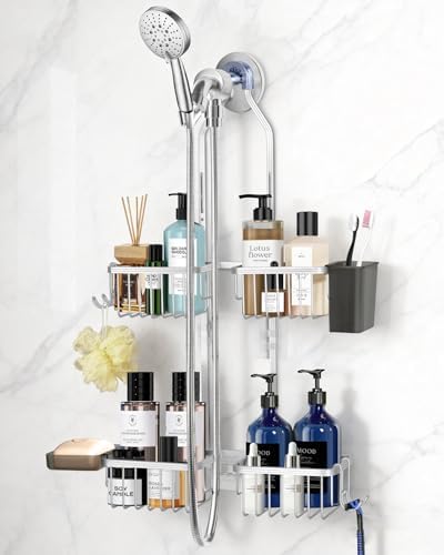 Adjustable Shower Caddy Hanging for Handheld Showerheads - Upgraded Never Rust Shower Hanging Organizer, Bathroom Shower Rack with Soap Basket, Hooks and Toothbrush Holder (Shiny Silver) by MSAICOE