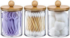 VITEVER 3 Pack Qtip Holder Dispenser with Bamboo Lids - 10 oz Clear Plastic Apothecary Jar Containers for Vanity Makeup Organizer Storage - Bathroom Accessories Set for Cotton Swab, Ball, Pads, Floss by VITEVER