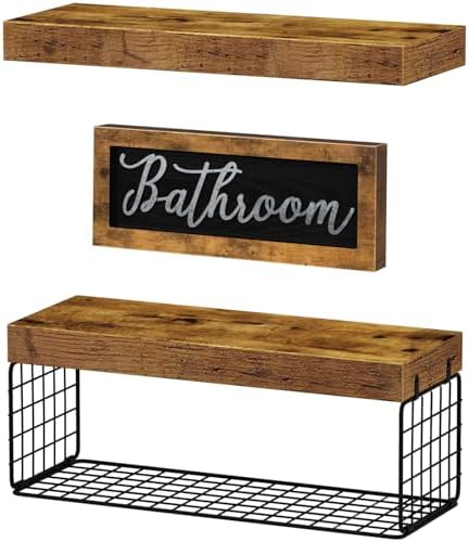 QEEIG ‎Bathroom Shelves Over Toilet - Paper Storage Wall Mounted Farmhouse Decor Decorations Aesthetic Décor Sign Small Floating Shelf 2+1 Set 16 inch, Rustic Brown (020BN) - Image 6
