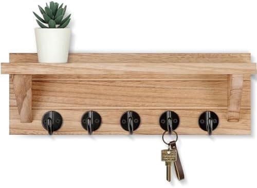 Lwenki Wall Key Holder, Rustic Shelf with Hooks Made of Paulownia Wood Holds Keys, Dog Leash, Bags and More - 13.7" W x 4.7" H x 3.5" D Decorative Key Hanger and Entryway Shelf by Lwenki
