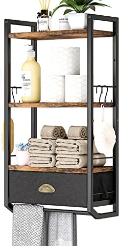 Bathroom Storage Organizer Wall Mounted, 3 Tier Bathroom Towel Rack Shelf with Storage Drawer Double Towel Bars and Hooks, Industrial Bathroom Shelves Over Toilet, Rustic Black and Brown (A) by JZM