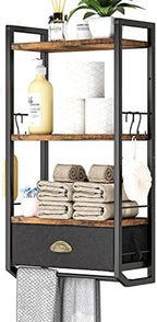 Bathroom Storage Organizer Wall Mounted, 3 Tier Bathroom Towel Rack Shelf with Storage Drawer Double Towel Bars and Hooks, Industrial Bathroom Shelves Over Toilet, Rustic Black and Brown (A) by JZM
