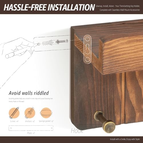 Rebee Vision Key Holder Wall Mount with 4 Hooks for Home Decor, Retro Brown - Image 6