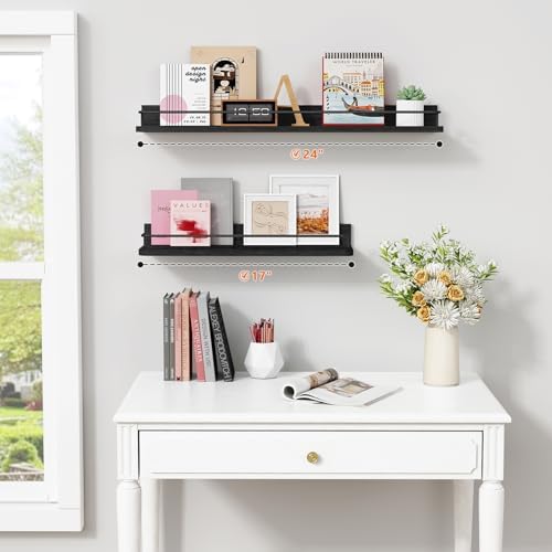 Forbena 24 Inch Wall Shelves for Bedroom 3-Pack, Black Floating Shelves with Rail, Vintage Large Floating Book Shelves for Bathroom Kitchen Living Room Office Decor Kids Room Legos Display (Black) - Image 2