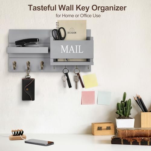Lwenki Mail Organizer for Wall Mount – Key Holder with Shelf Includes Letter Holder and Hooks for Hallway Farmhouse Decor – Rustic Wood with Flush Mounting Hardware (16.5” x 9.1” x 3.4”) (Gray) - Image 5