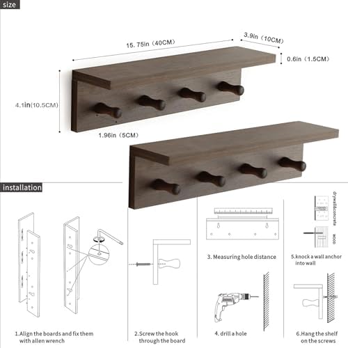 Entrance Coat Rack ，Coat Hooks, Wall-Mounted Wooden Hook Rack, Wall-Mounted Shelves are Very Suitable (Walnut Color Finish—A-2) - Image 3