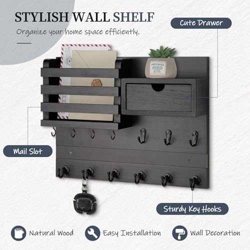Nekon Key Holder Wall Mount with Drawer, 14.5" Mail Holder, Black - Image 2