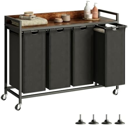Herture Laundry Hamper with Shelf, Laundry Basket 4 Section, Laundry Sorter with Pull-Out Removable Large Bags and Movable Wheels, Metal Frame, 4 x 15.87 Gallons (60L), Rustic Brown + Black PF07XLY by Herture