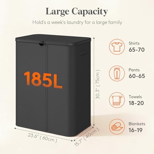 Lifewit 185L 3 Section Laundry Hamper with Lid, Laundry Basket, Black - Image 2
