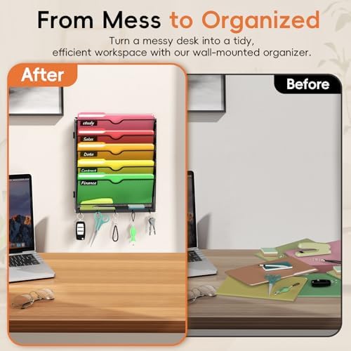6-Tier Wall File Organizer with Hook, Hanging File Organizer Black - Image 6