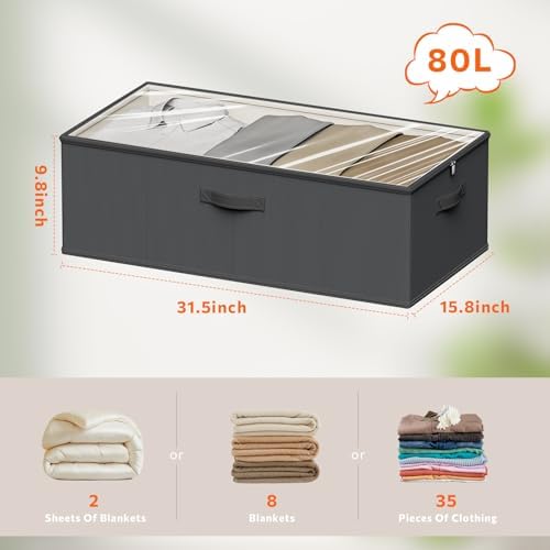10inch 3 Pack Under Bed Storage Containers, 10 Inch Tall Underbed Clothes Storage Organizer Bin with Clear Window，Foldable Box Basket for Clothes, Closet, Bed Sheets and Blankets Black - Image 2