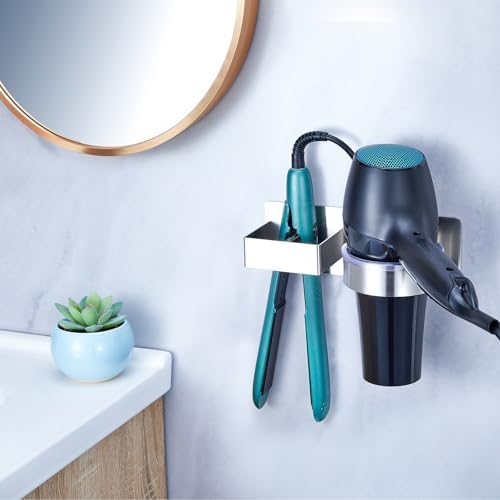 Hair Dryer Holder Wall Mounted, Hair Straightener Holder, Blow Dryer Holder Adhesive, Hair Tool Organizer for Flat Iron, Hairdryer, Curling Iron Holder for Bathroom Vanity Barber Shop (Silver) - Image 3