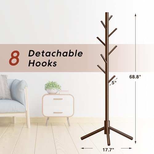8-Hook Freestanding Coat Rack 3 Adjustable Heights Brown 2PCS - Image 4