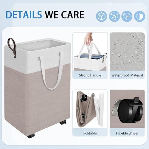 HomeHacks 90L Rolling Laundry Basket with 4 Wheels Collapsible Khaki - Image 3