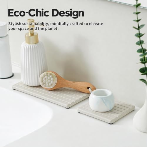 Diatomaceous Earth Sink Organizer Tray Set, 3-Pack Fast Drying Water Absorbing Stone Soap Holder Caddy for Kitchen & Bathroom Counter, Faucet Splash Guard, Beige (1pc of 8"x3.8" + 2pcs of 3.8"x3.8") - Image 4