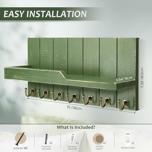 Rebee Vision Key Holder Wall Mount with Shelf &7 Hooks for Entryway, Green - Image 2
