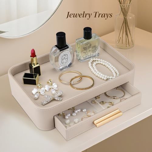 GORESE Valet Jewelry Tray Nightstand Organizer with Drawer, PU Leather Perfume Tray Trinket Trays for Vanity Bathroom Entryway, Catchall Trays for Key Purse Watch Cologne, Gift for Women Men, Beige - Image 5
