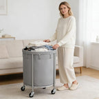 ELYKEN Laundry Basket with Wheels, Round Rolling Laundry Hamper, Gray - Image 2