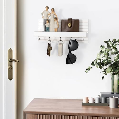 Lwenki Decorative Key Holder for Wall with Shelf, Entryway Shelf with Hooks Holds Leashes, Jackets and Glasses – Sturdy Wood Keyholder Entrance Hanger with Mounting Hardware (White, Medium) - Image 5