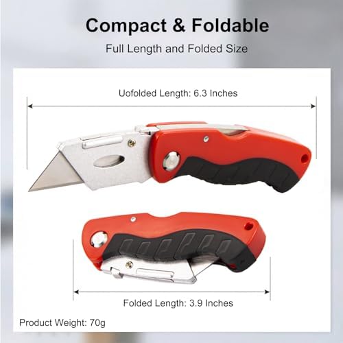 Box Cutter with 10 Extra Blades, Heavy Duty Folding Utility Knife for Cardboard, Carton, Carpet Cutting, Anti-slip Rubber & ABS Handle, Quick Replace Blade - Image 4