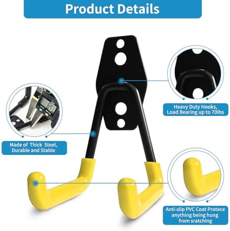 GeeWatom 2 Pack Garage Storage Utility Hooks，Garage Garden Tool Organizer，Steel Wall Mount Hooks, Garden Small U Hooks (Yellow) - Image 3