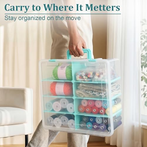 BTSKY Clear Plastic Dividing Storage Box with 8 Deep Compartments Adjustable Storage Bin with Lid Portable Craft Storage Container Multipurpose Sewing Box Art Supply Organizer, 15.1x13.9x6.1 Inches - Image 5