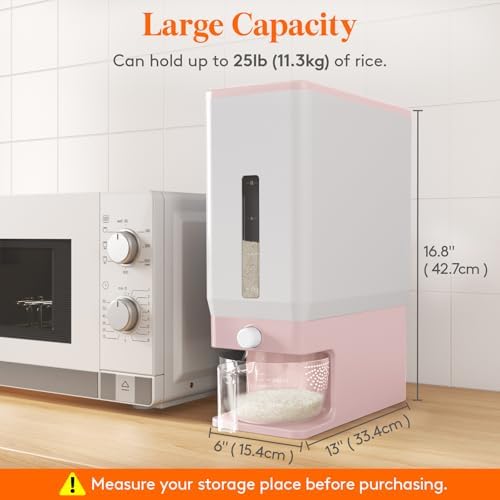 Lifewit Rice Dispenser 25 Lbs, Airtight Storage with Cup, 2 Pack Pink - Image 3
