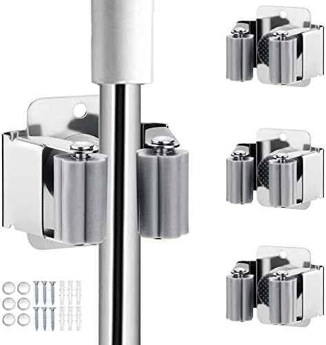 JAMEND CLXP 3PCS Broom and Mop Holder, Heavy Duty Garden Tool Organizer Rack Rake and Shovel Handle, Stainless Steel Mop Hanger. Wall Mounted Utility Rack with Screws, Silver. by JAMEND+CLXP