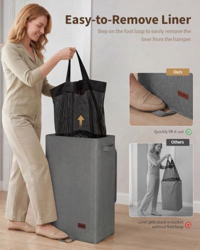 85L Laundry Hamper with Lid, Tall Dirty Clothes Hamper, Grey - Image 3