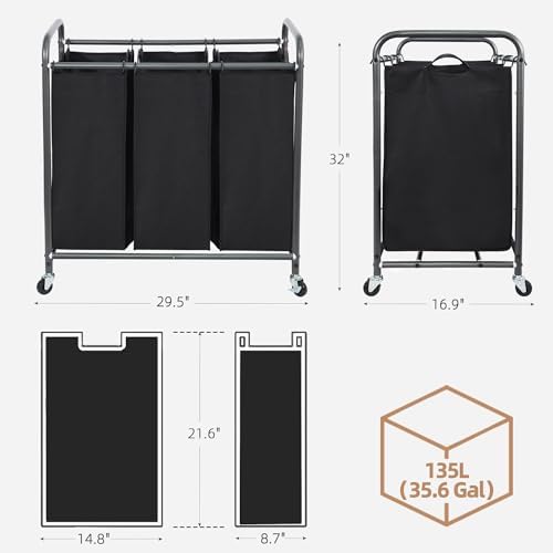 STORAGE MANIAC 3 Section Laundry Sorter, 35.6 Gal (135 L) Laundry Hamper Cart with Heavy Duty Rolling Lockable Wheels and Removable Bags, Clothes Organizer Basket Separator Hamper, Black - Image 3