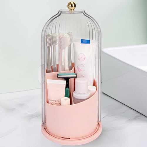 QIYVLOS Toothbrush Holders with Sliding Lid, Rotating 3 Slots Bathroom Organizer Countertop, Tooth Brush Toothpaste Holder Bathroom Counter Stand Sink Organizer Caddy for Makeup Brushes Holder (Pink) by QIYVLOS