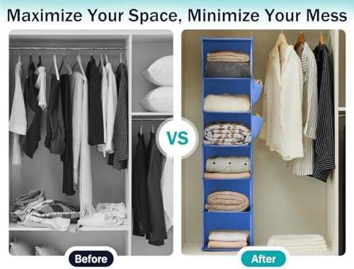 YOUDENOVA Hanging Closet Organizer and Storage, 6-Shelf, Blue | Breathable Fabric, Clothes Organizer with 2 Side Pockets, Hanging Shelves for Closet Storage, Dorm Room Essentials for Guys - Image 5