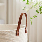 VIPOSCO 100L Tall Woven Rope Laundry Hamper, Leather Handles, White & Brown - Image 3