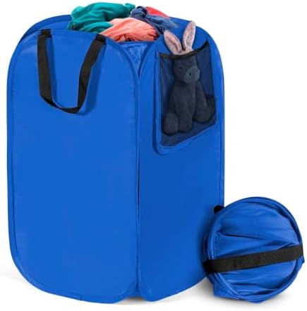 HOUSE AGAIN Upgraded Polyester Pop Up Laundry Hamper, Collapsible Laundry Baskets with Durable Handles Solid Bottom High Steel Frame and Side Pocket, Easy Open & Save space,Perfect for Storage(Blue) by HOUSEAGAIN