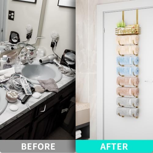 HapiRm Towel Racks for Bathroom Storage - 9 Tier Over The Door & Wall Mount Rolled Towel Storage Organizer Holder with Metal Shelf Basket for Small Bathroom, Camper, Rv - Gold, Patented - Image 5